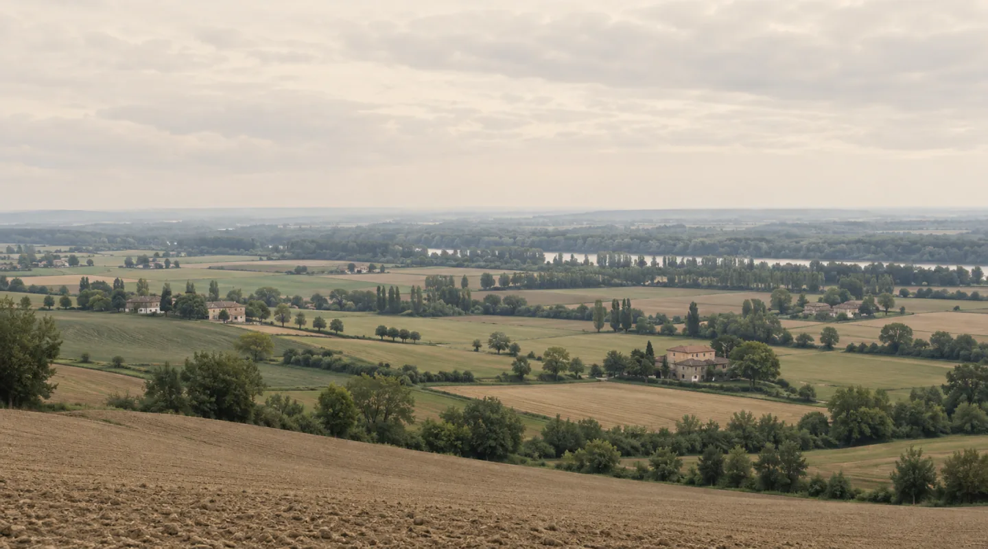Campagna di pianura vista da una collina bassa: più cascine sparse tra i campi coltivati, filari di pioppi e la linea di alberi di un fiume all’orizzonte
