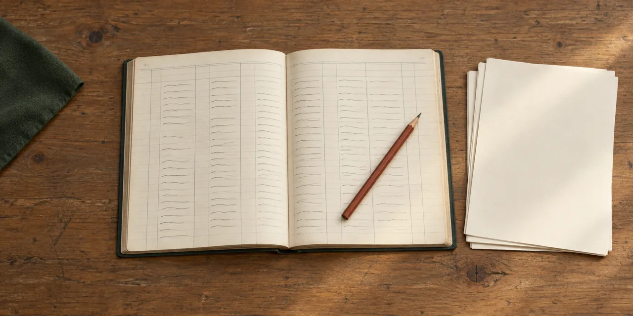 Registro di carta aperto su un tavolo di legno, le colonne rigate coperte da una scrittura a inchiostro illeggibile, una matita sulla pagina e fogli bianchi accanto