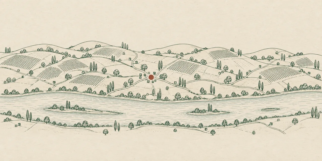 Mappa schematica disegnata a mano: un fiume largo e piatto attraversa la parte bassa, sopra si alzano colline basse e arrotondate con filari di vite, piccoli quadrati segnano le cascine e un cerchio rosso un centro abitato