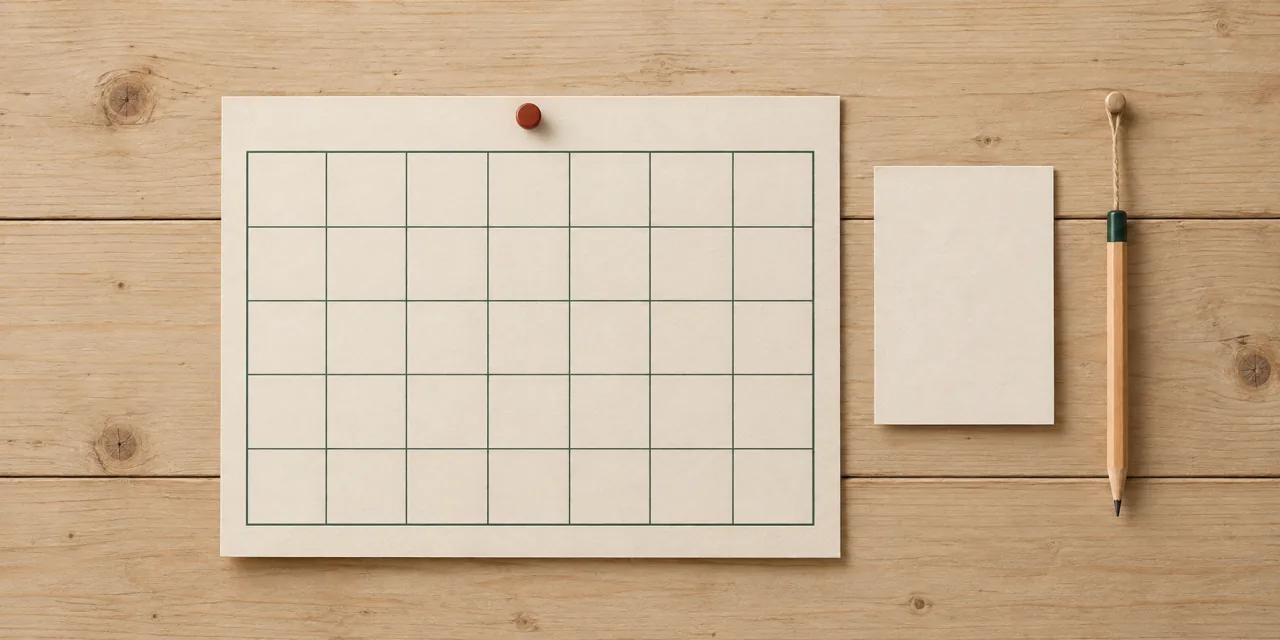 Foglio di calendario mensile a griglia, con tutte le caselle vuote, appuntato a una tavola di legno accanto a un foglietto bianco e a una matita appesa a uno spago