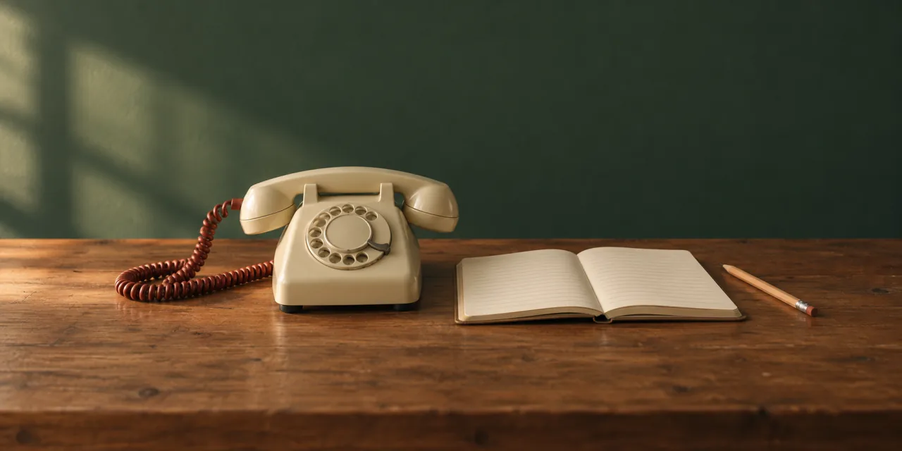 Vecchio telefono a disco su un tavolo di legno, accanto a un taccuino aperto sulle pagine bianche e a una matita