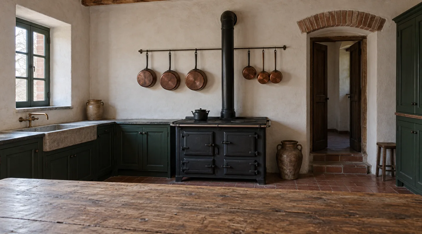 Cucina di cascina vuota: cucina economica in ghisa, padelle di rame appese a una barra, acquaio di pietra e un piano di legno spoglio, senza nulla in preparazione