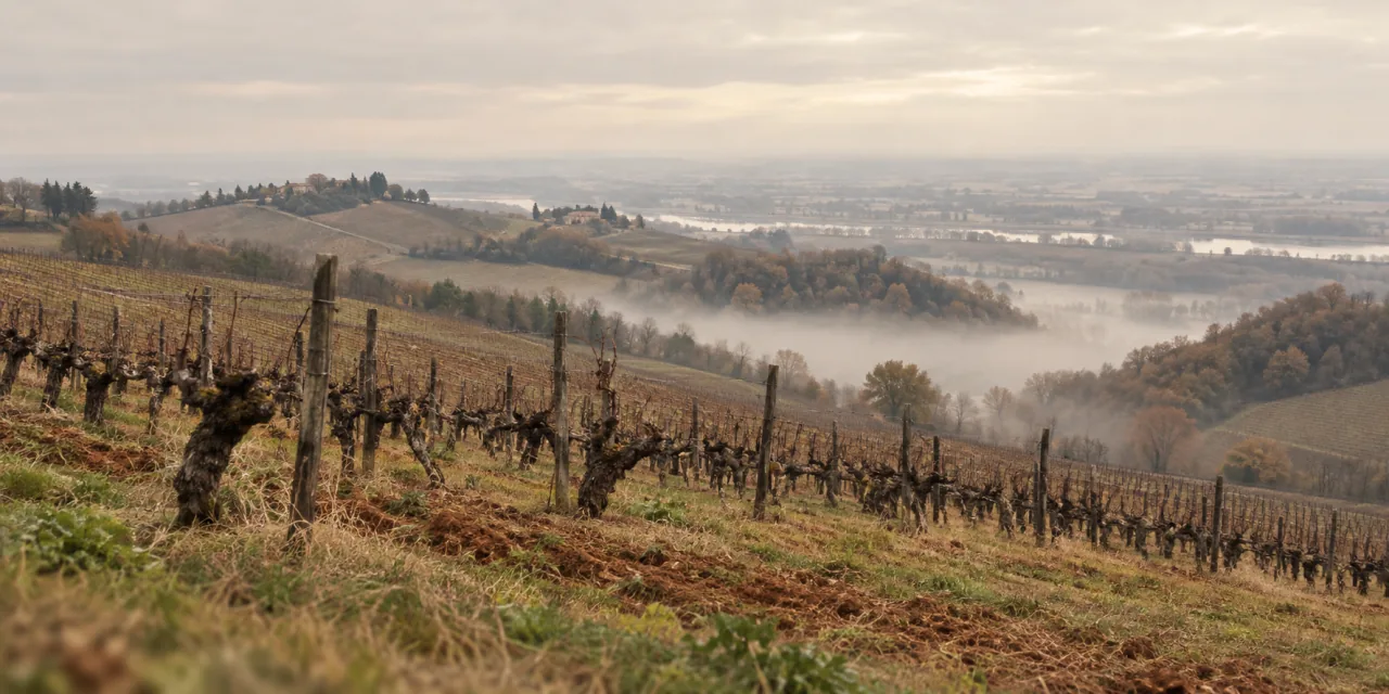 Filari di vite spogli dopo la vendemmia su un versante collinare, ceppi vecchi e contorti, nebbia nella valle e la pianura fluviale sul fondo