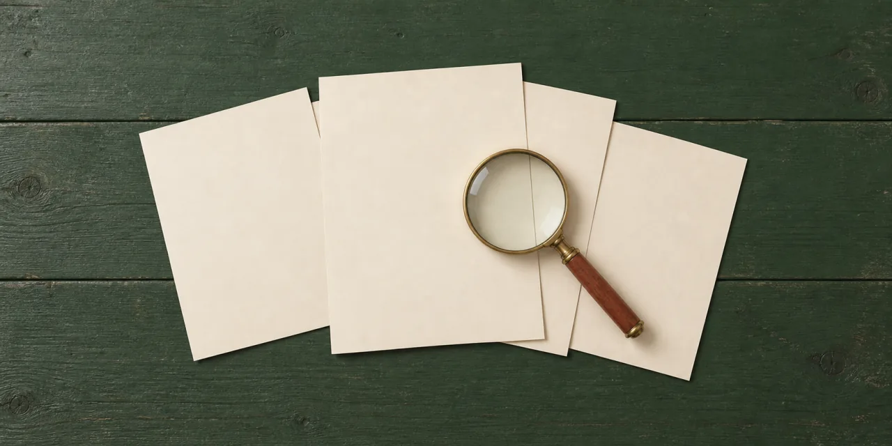 Alcuni fogli di carta completamente bianchi disposti su un piano di legno verde, con una lente d’ingrandimento di ottone appoggiata sopra