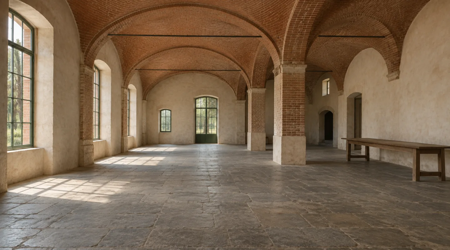 Grande salone a volte di mattoni completamente vuoto, muri intonacati, pavimento in pietra e un lungo tavolo di legno spoglio spostato di lato