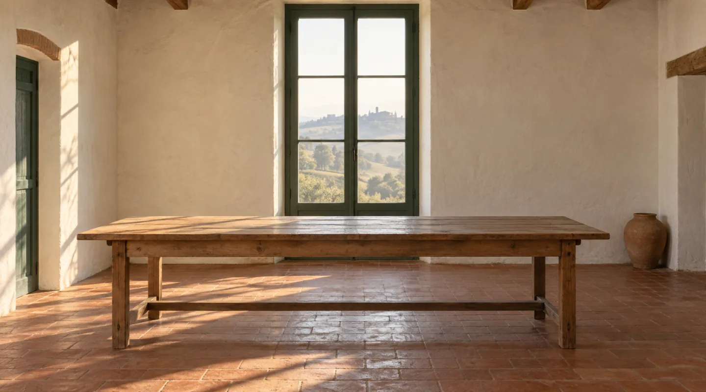 Lungo tavolo di legno completamente vuoto davanti a una finestra alta, in una stanza dai muri a calce e pavimento in cotto