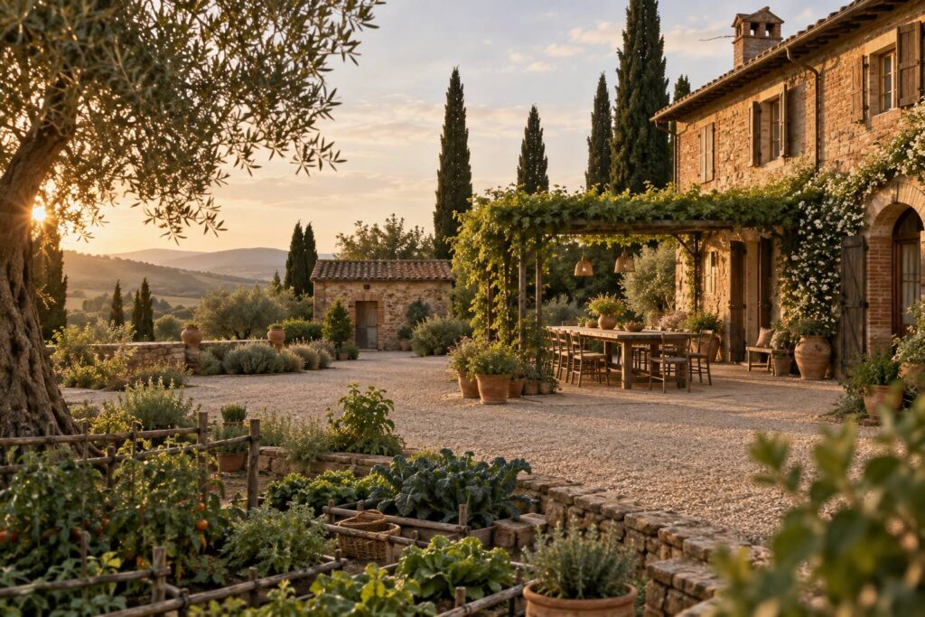 Cour d'une ferme italienne avec table en bois sous une tonnelle