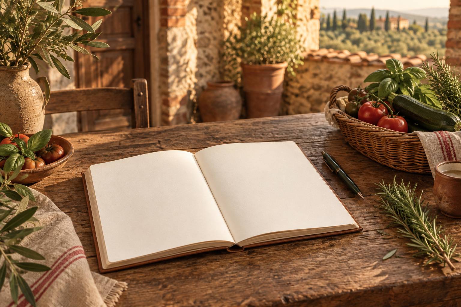Registre ouvert sur une table en bois avec panier de legumes