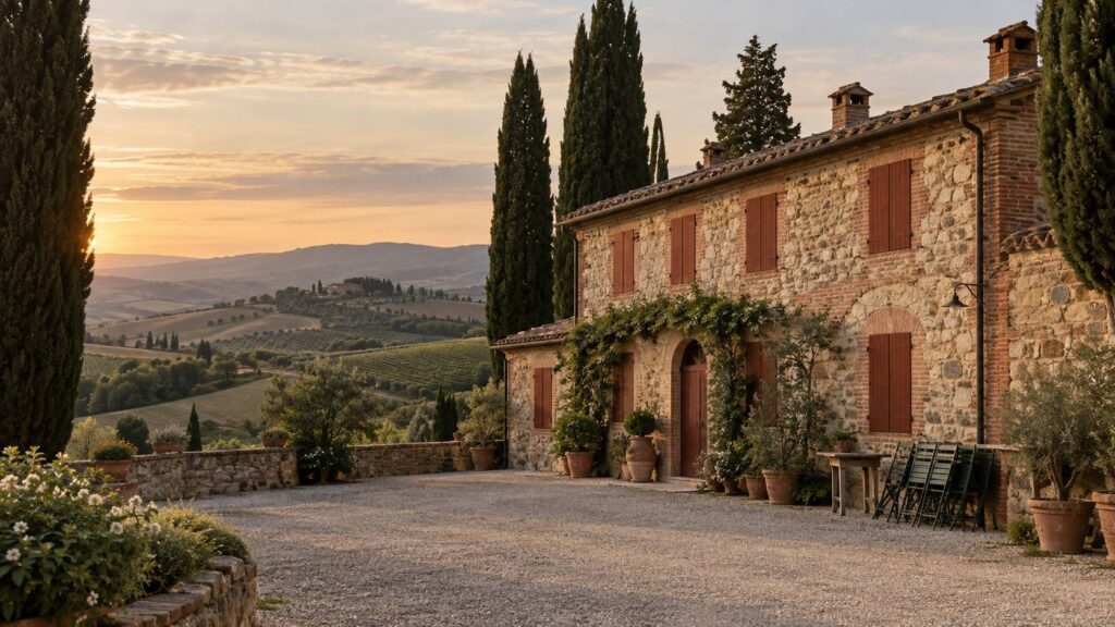 Ferme-auberge de campagne aux volets fermes avec cour en gravier et cypres