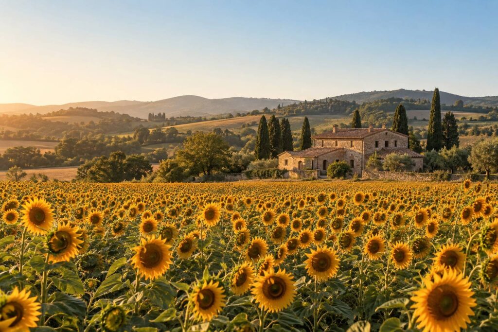 Champ de tournesols devant une ferme en pierre sous une lumiere doree