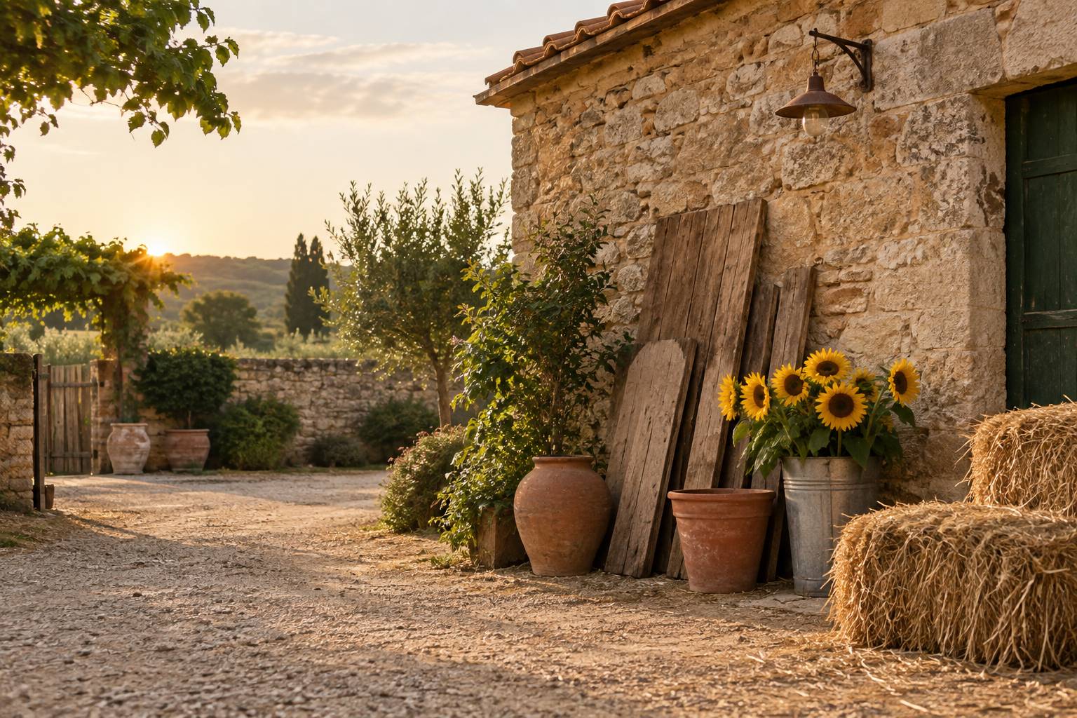 Cour de ferme en pierre avec pots de terre cuite et panneaux de bois brut