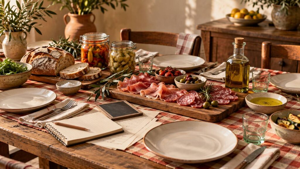 Table de ferme avec planche de charcuterie, légumes marinés, pain et huile d'olive