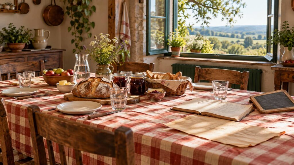 Table de ferme en bois dressée avec assiettes d'enfant, pain et confitures maison