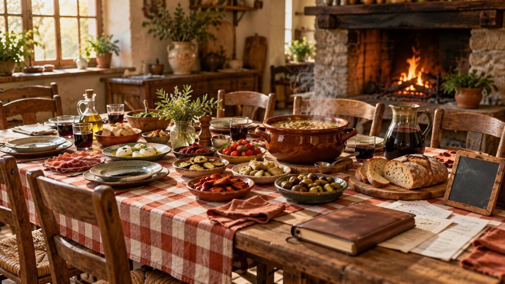 Grande table de bois d'une ferme avec antipasti, soupiere fumante et pain tranche