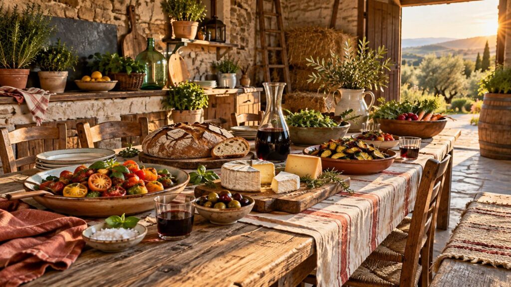 Table de ferme dressée avec plusieurs plats, légumes du potager et pain de campagne